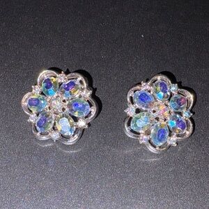 Crown Trifari Silver and Blue Floral AB Earrings